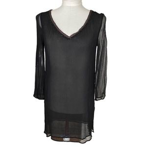 DKNY Shift Dress Silk Chiffon Long Sleeve Beaded Semi Sheer Black Size 6